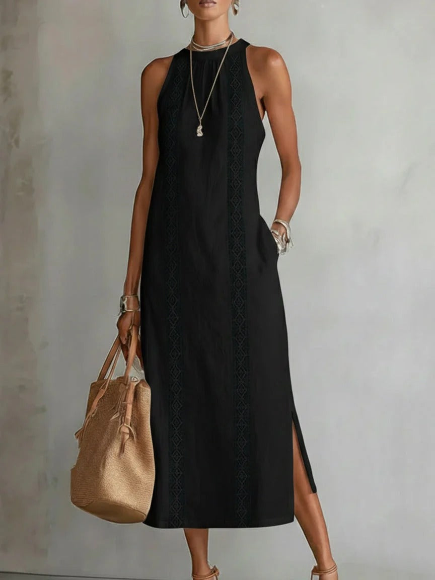 Alana | Vestido midi de lino con cuello Mao