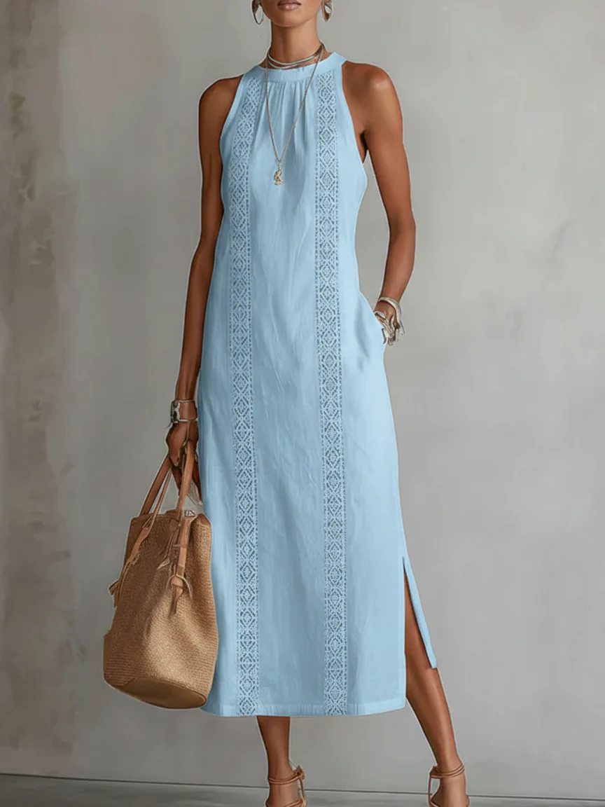 Alana | Vestido midi de lino con cuello Mao