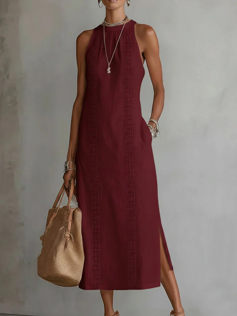 Alana | Vestido midi de lino con cuello Mao
