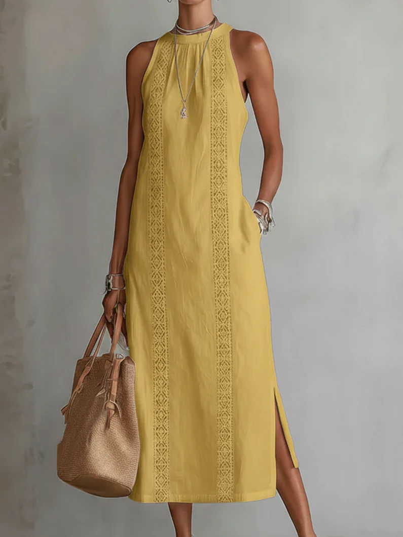 Alana | Vestido midi de lino con cuello Mao