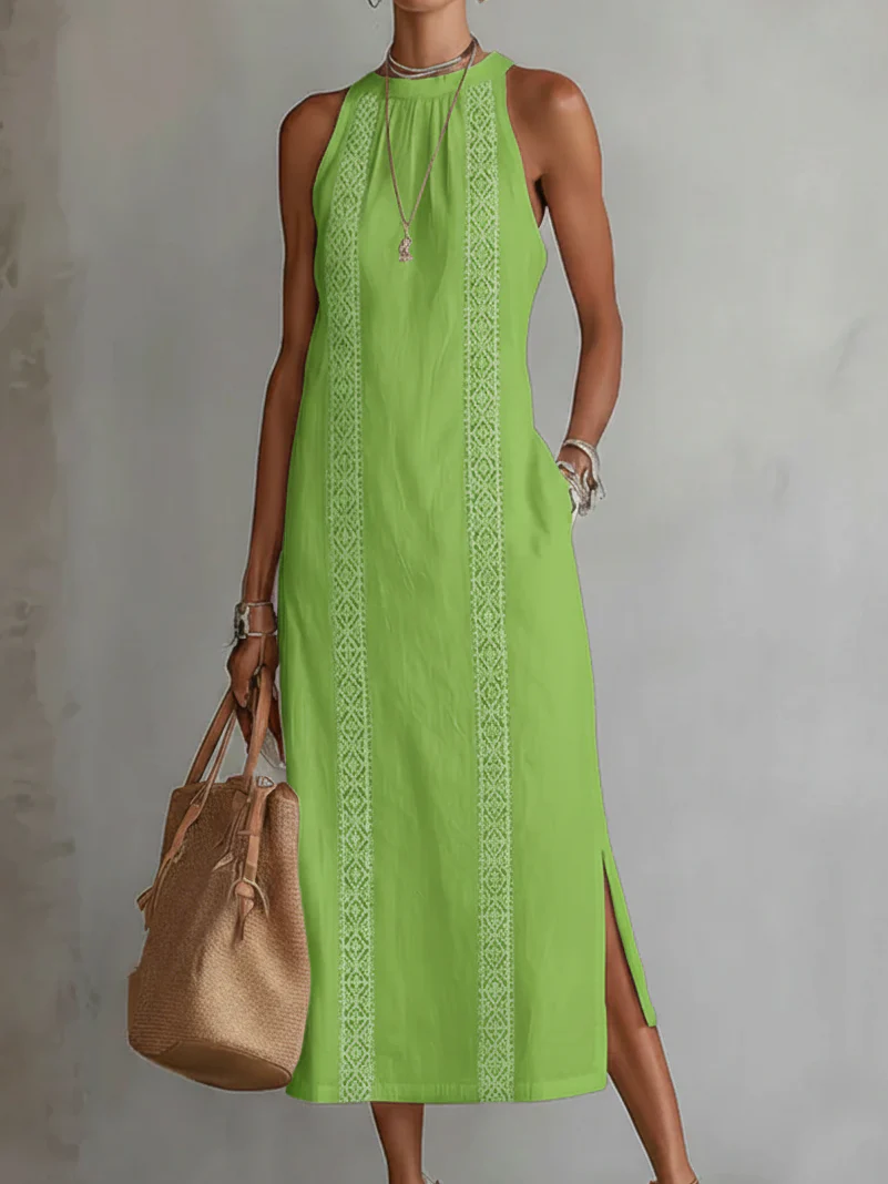 Alana | Vestido midi de lino con cuello Mao