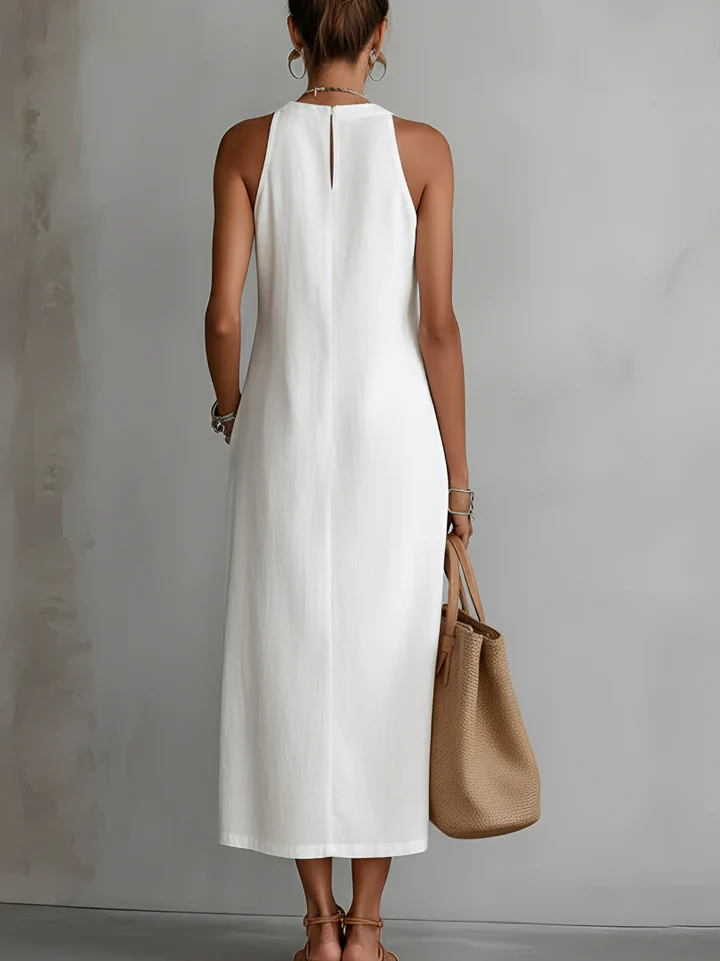Alana | Vestido midi de lino con cuello Mao