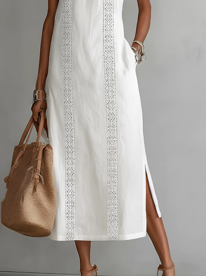 Alana | Vestido midi de lino con cuello Mao